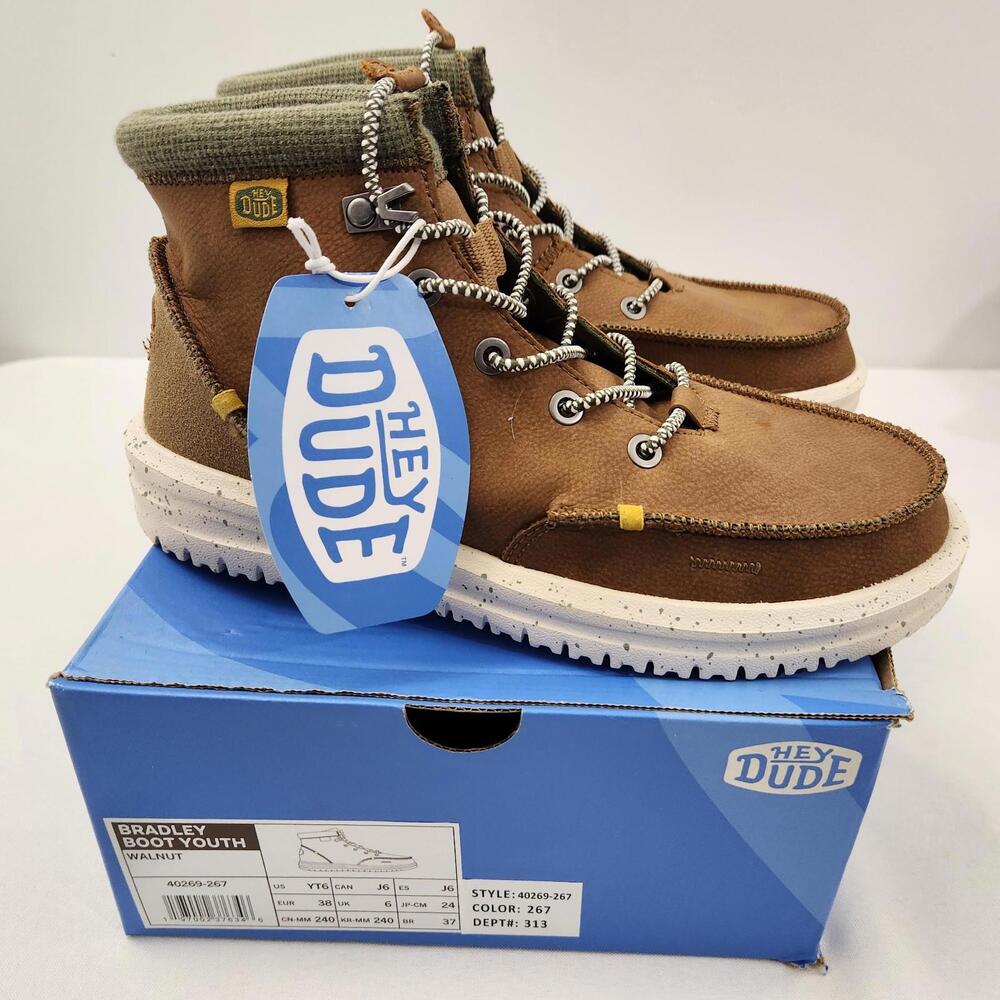 Hey Dude Bradley Youth 6 YT6 Boys Walnut Leather Lightweight Ankle Boots Shoes